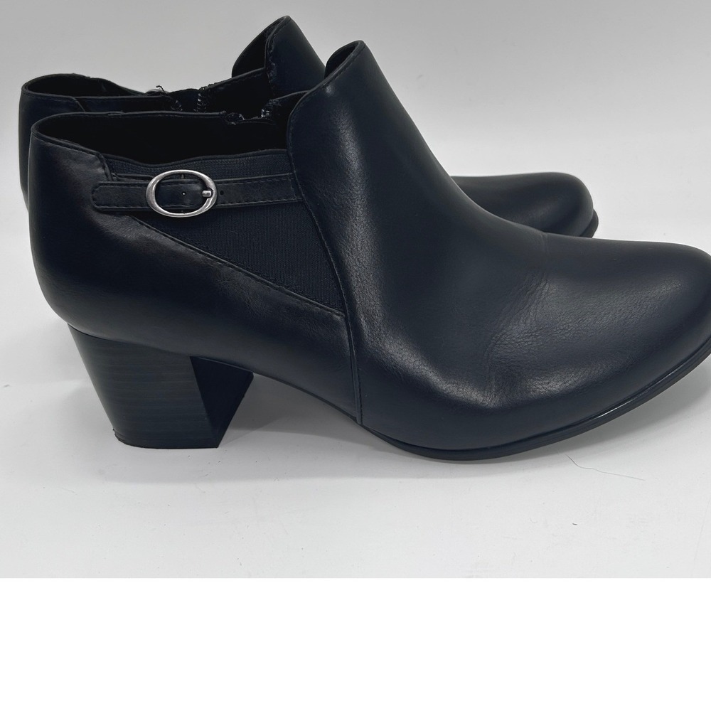 White Mountain Faux Leather Ankle Booties Black Buckle Heel Size 10W western - Picture 5 of 14